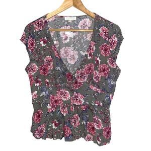Chance Floral Blouse Women Medium Peplum Cap Sleeves Top NWT